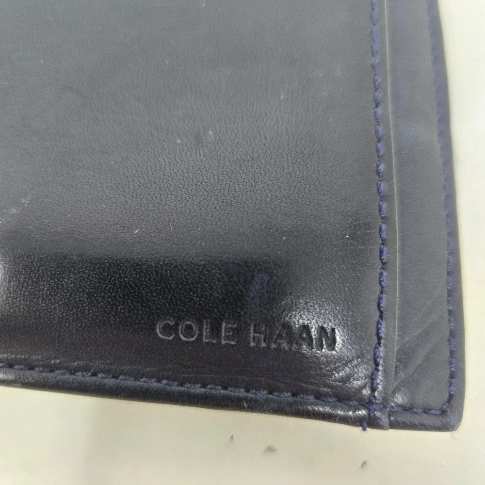 Cole Haan Mens Bifold Wallet Navy Blue Leather Slim Card Holder